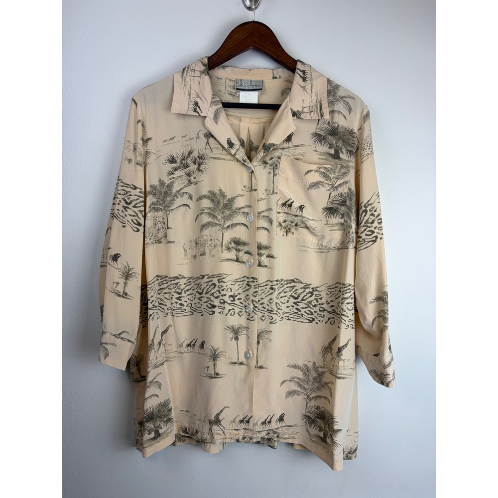Harve Benard Silk Blouse Large? Safari Animal Print Vintage Button Up Top